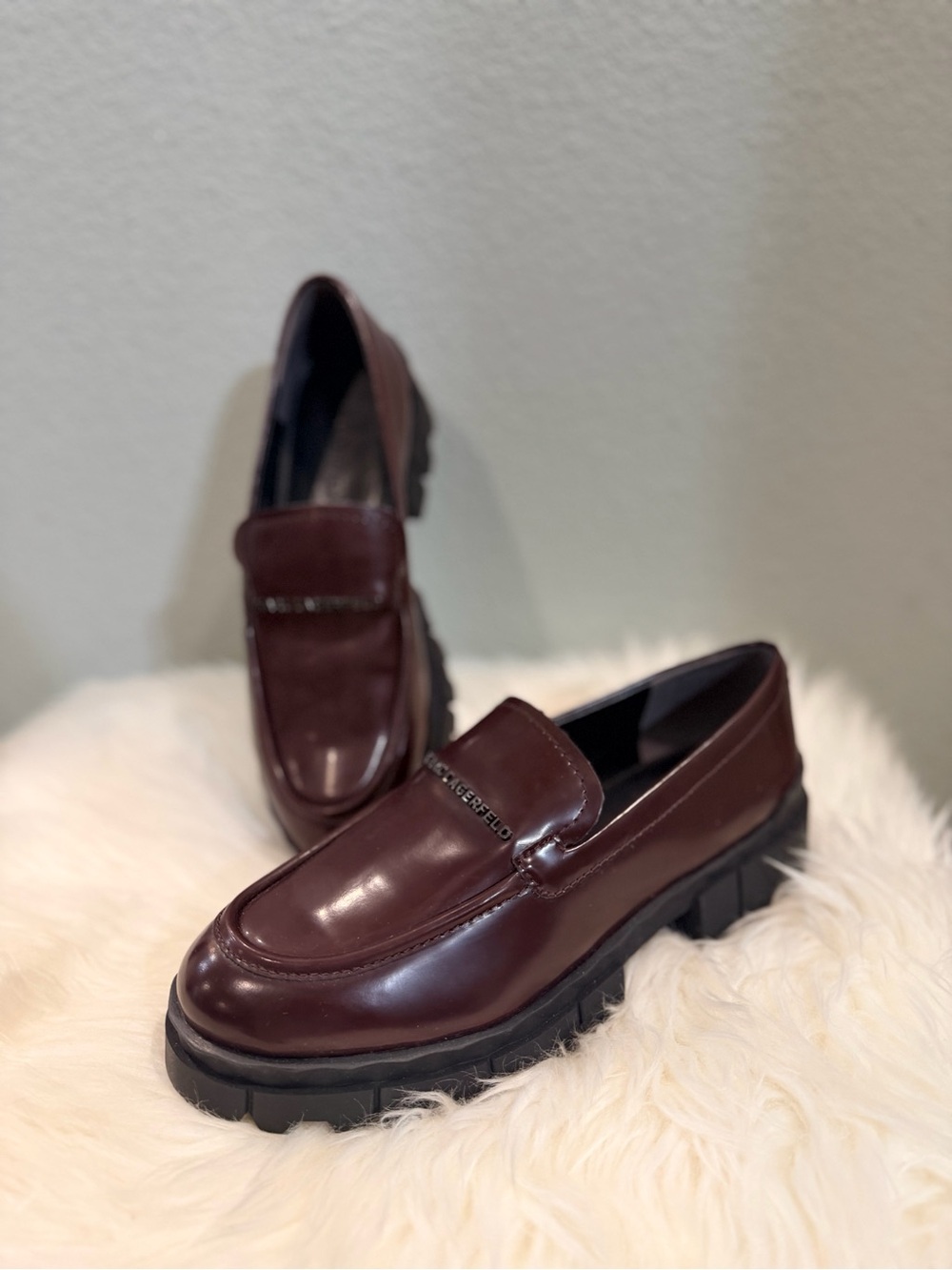 Karl Lagerfeld Claudia Burgundy Leather Lug-Sole Loafers